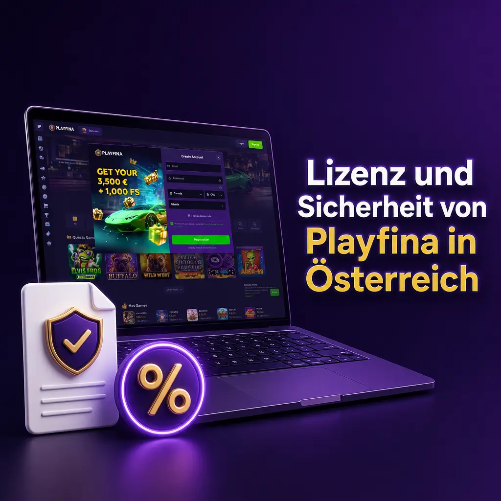 Playfina Lizenz Nr. 8048/JAZ2023-081 der Curaçao Gaming Authority, SSL-Sicherheit und Tools für verantwortungsvolles Spielen in Österreich.